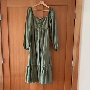 Baltic Born Olive Green Tiered Midi Dress with Long Sleeves
